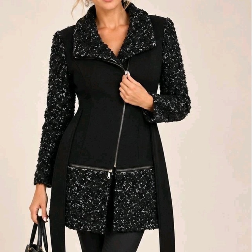 NWT Laundry by Shelli Segal Black Boucle Asymmetrical Zip Jacket Size Small
